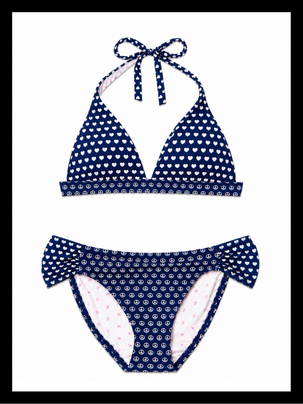 💕ⓅⒾⓃⓀ ⓋⓈ Y2K/RARE/HTF Navy Blue Hearts & Peace Signs Bikini Set✨EUC✨💕